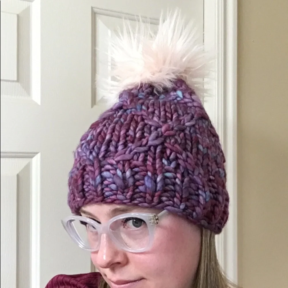 Hand Knit Merino Wool Beanie Hat With Faux Fur Pom